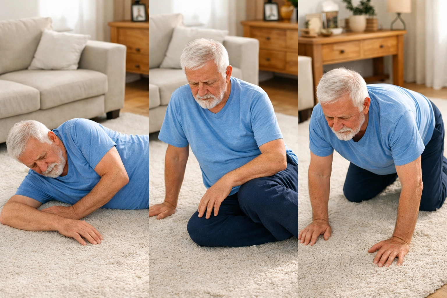 Step-by-step sequence showing senior getting up from floor: side-lying to sitting to hands and knees