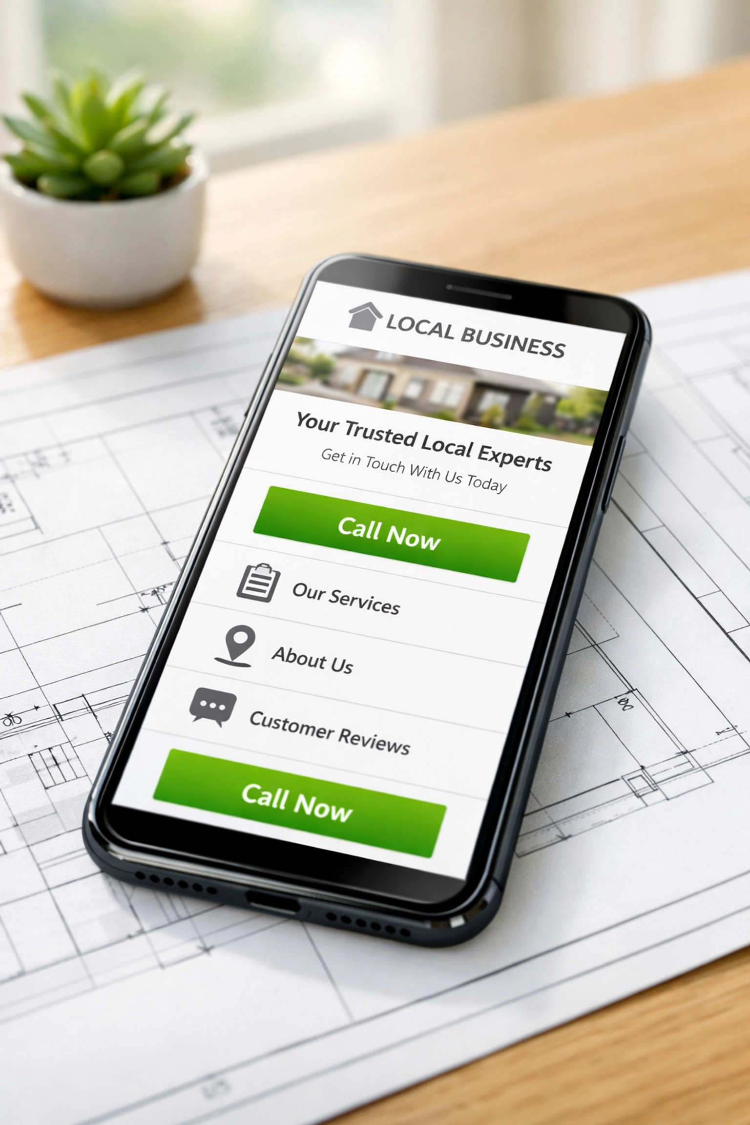 Mobile-friendly contractor website layout displayed on a phone with a clear call-to-action button.