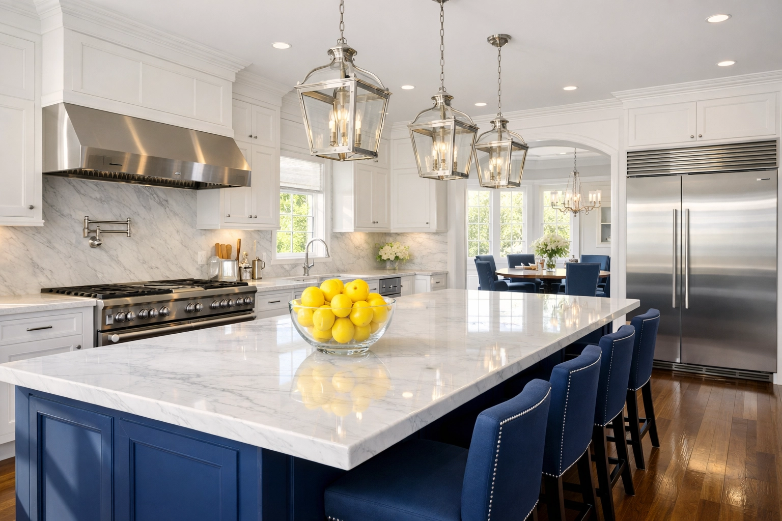 Professional deep cleaning in a luxury Needham MA kitchen with polished marble and hardwood floors.