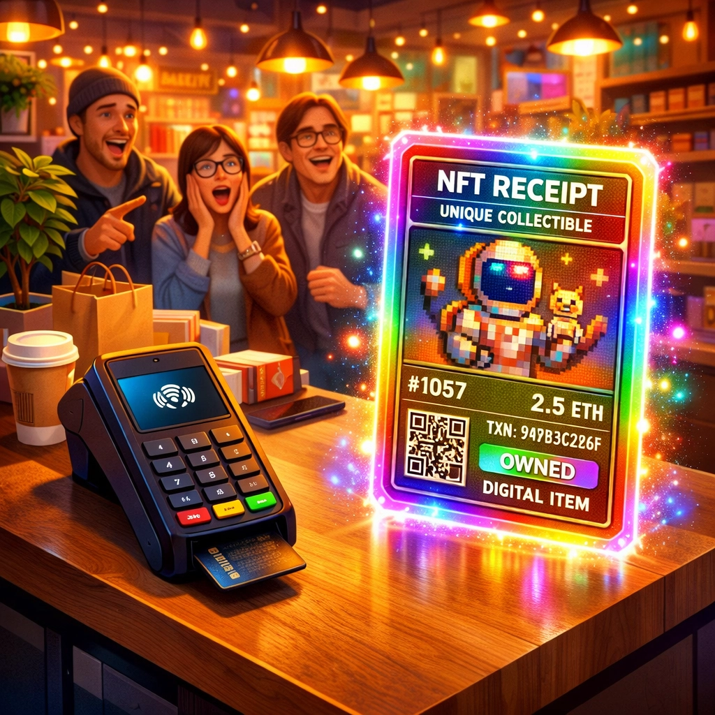 Retail store generating NFT receipt for customer using contactless crypto payment terminal