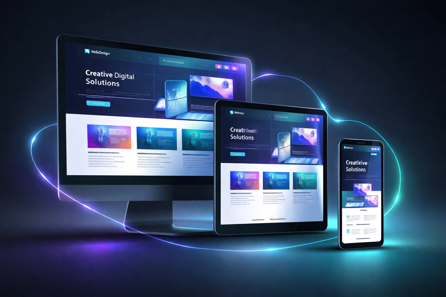 Three devices displaying the same responsive Wix Studio website layout across desktop, tablet, and mobile screens