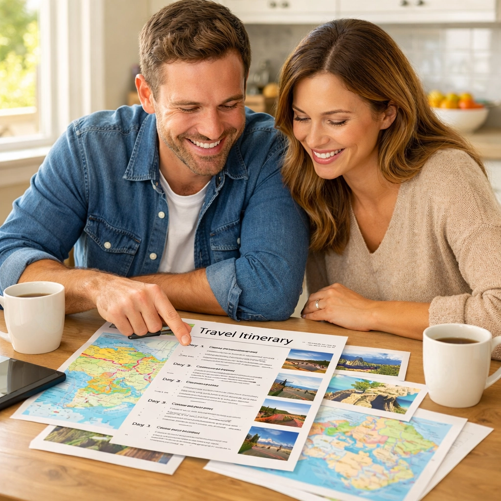 Happy couple reviewing custom travel itinerary together with maps and schedules at home