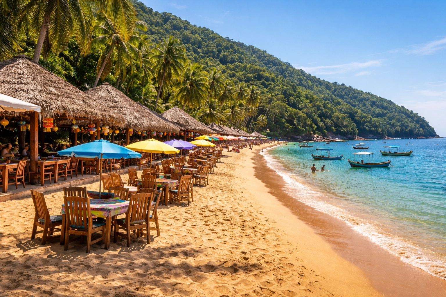 Golden sand and palapa restaurants at Las Animas beach near Puerto Vallarta, perfect for day trips