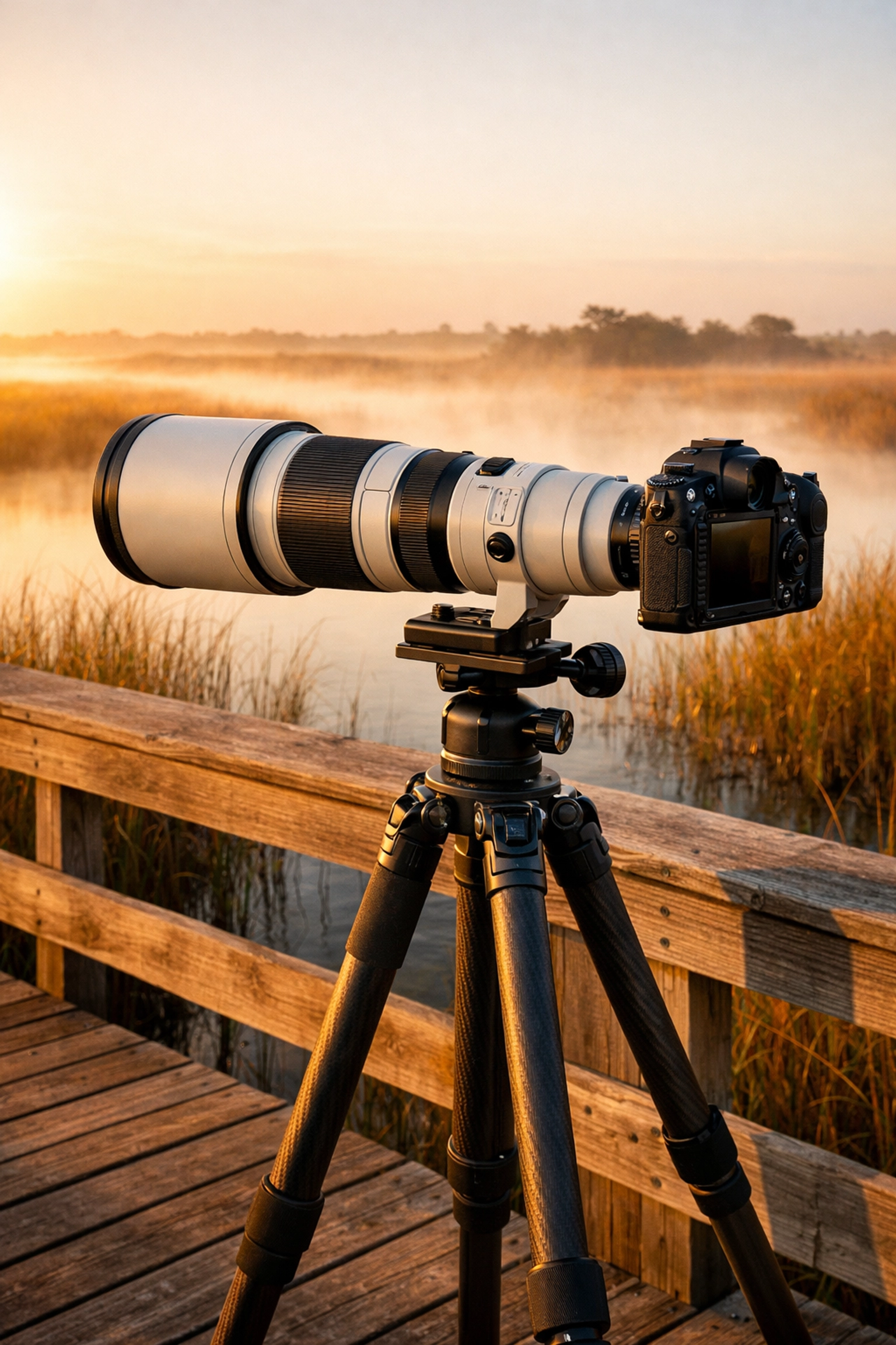 Professional camera gear on a tripod at one of the best photography locations in the Everglades at sunrise.