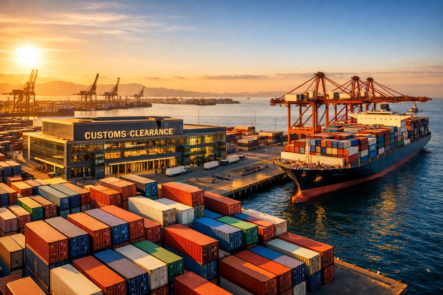 International shipping port with cargo containers and customs clearance operations