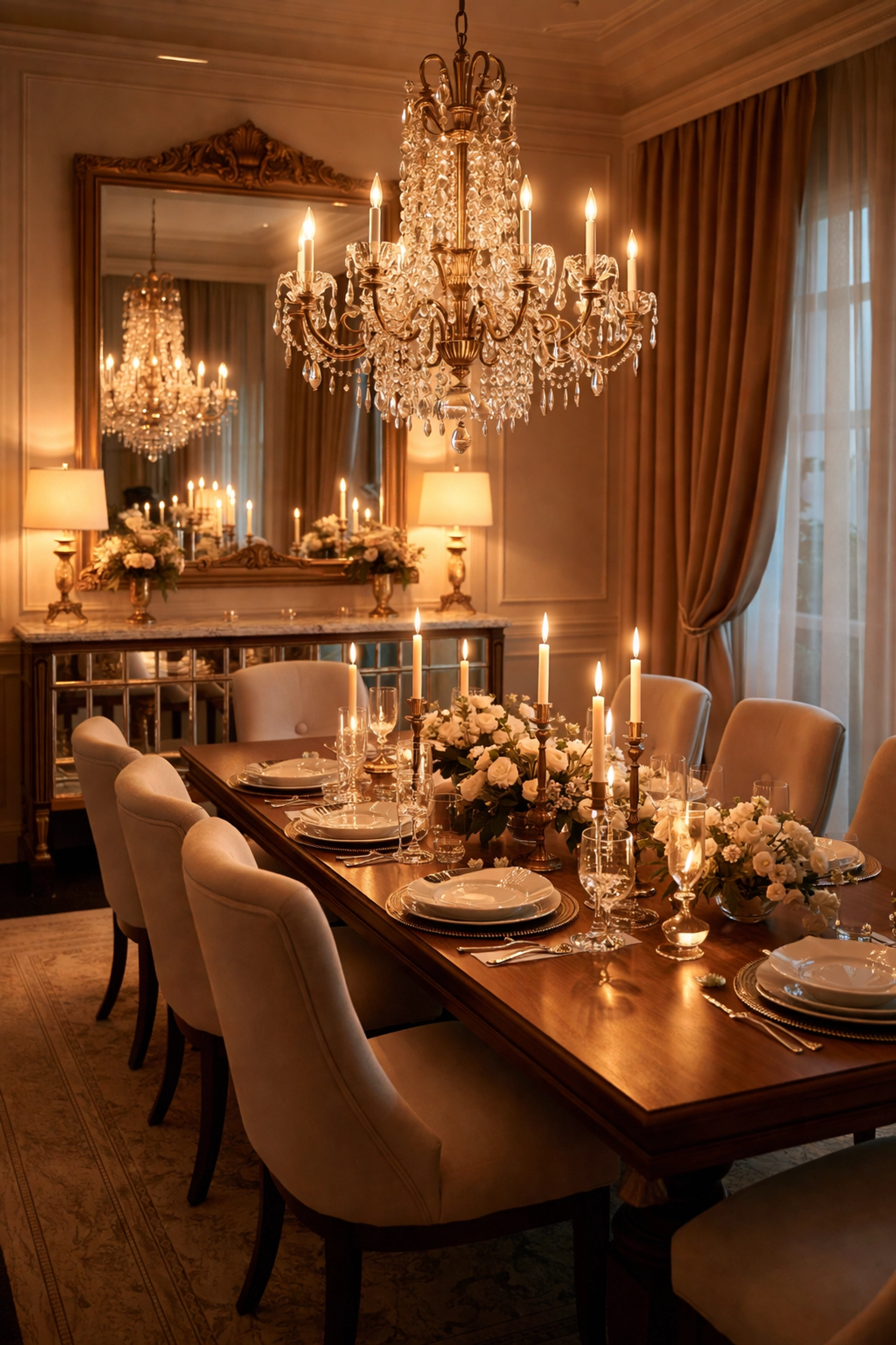 Elegant dining room featuring brass chandelier and mirrored buffet console creating warm ambient glow