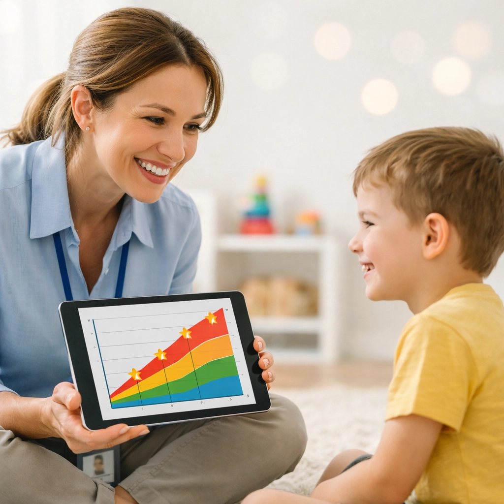 BCBA Georgia tracking ABA therapy progress on a tablet to prove medical necessity for insurance.