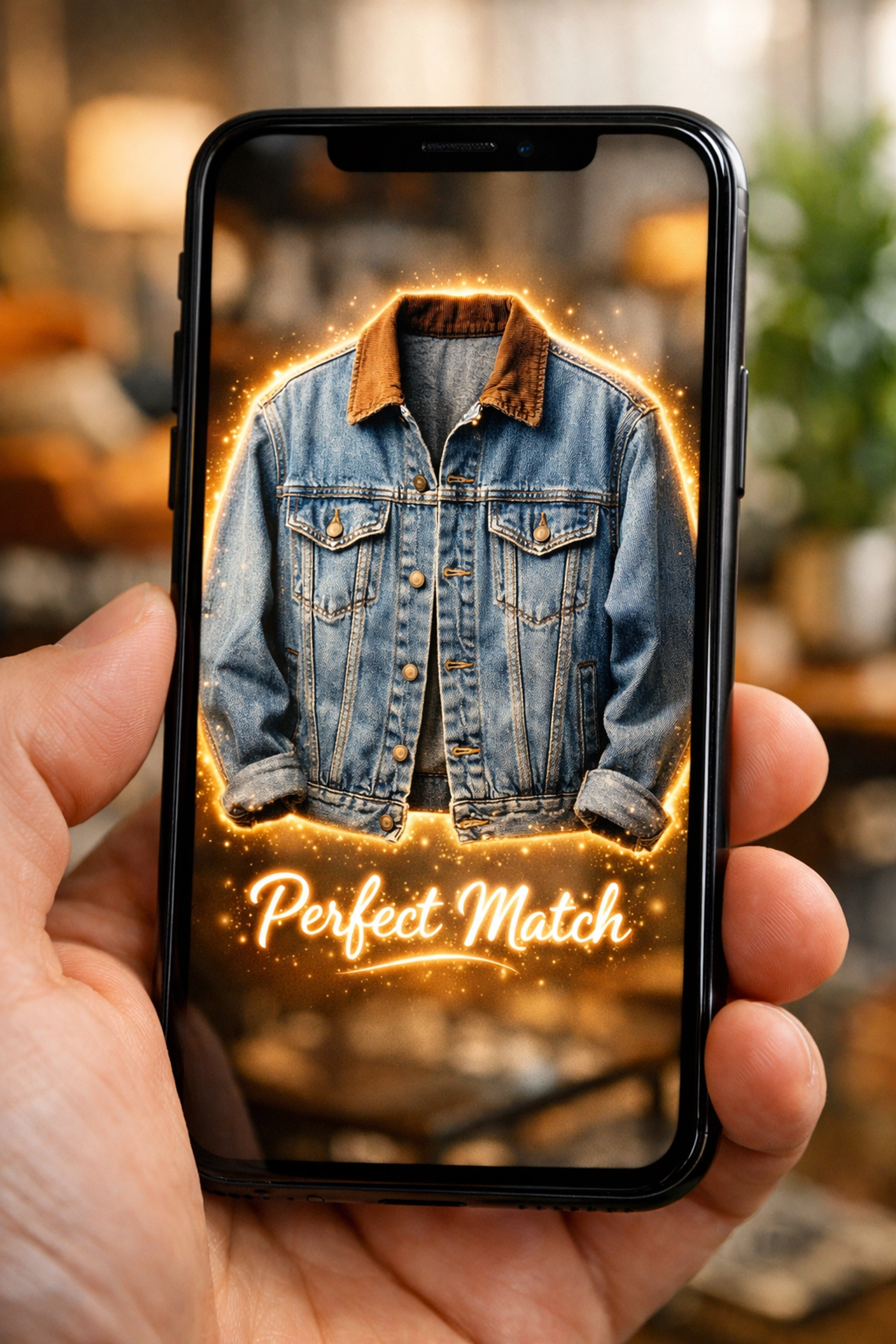 Mobile phone showing a vintage jacket perfectly matched for an AI shopper in the 2026 reselling market.