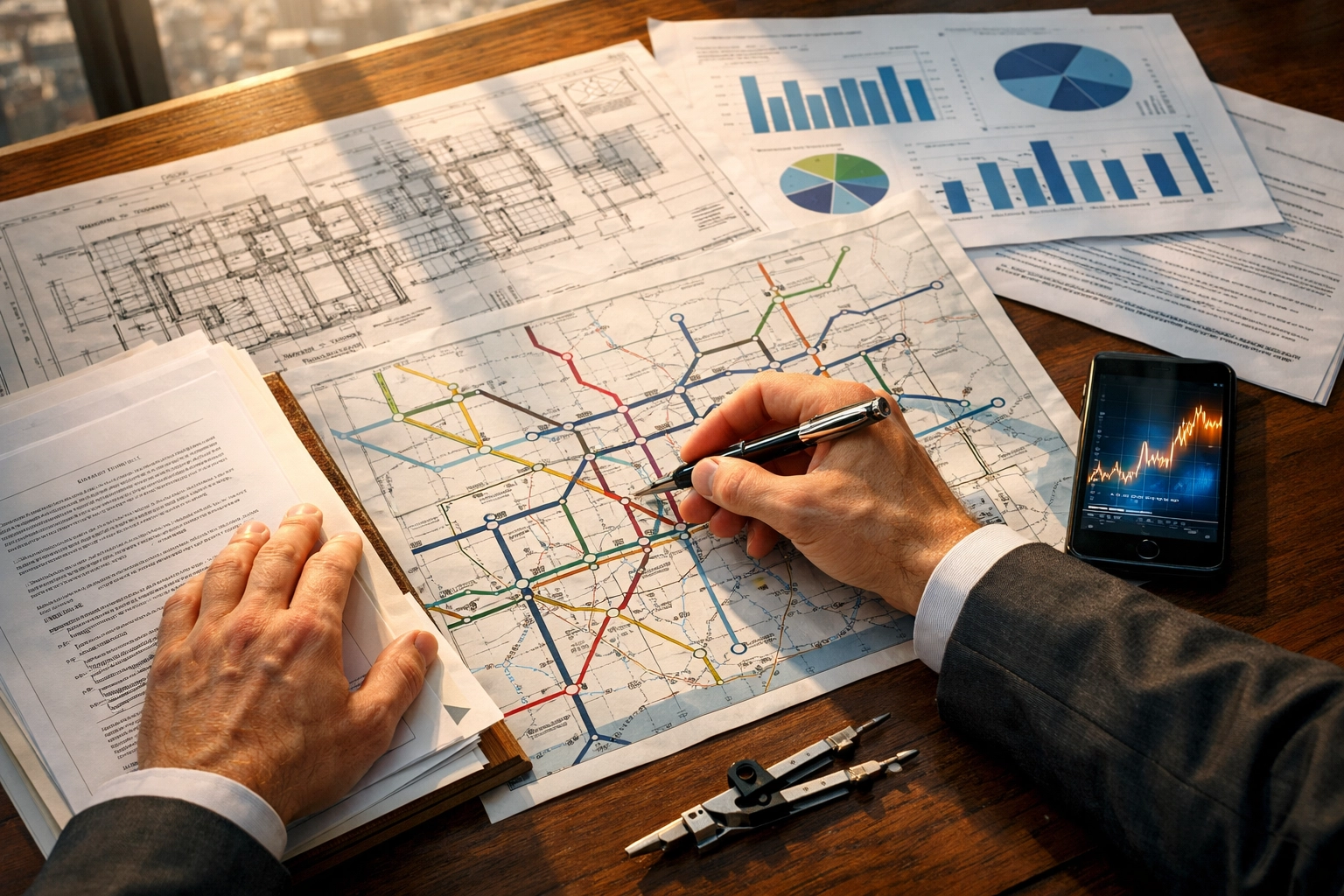 Hands reviewing urban development blueprints and transit maps for municipal infrastructure funding reform.