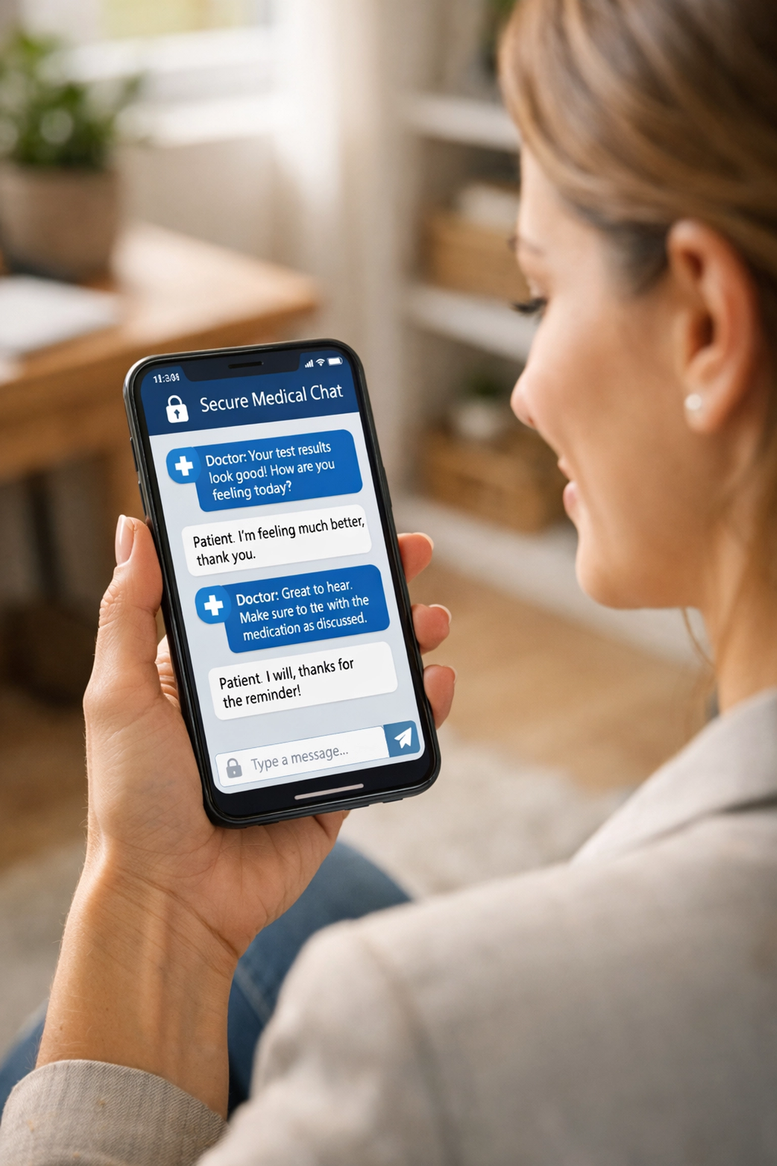 A woman at home using secure medical messaging for an online weight loss consultation on her smartphone.