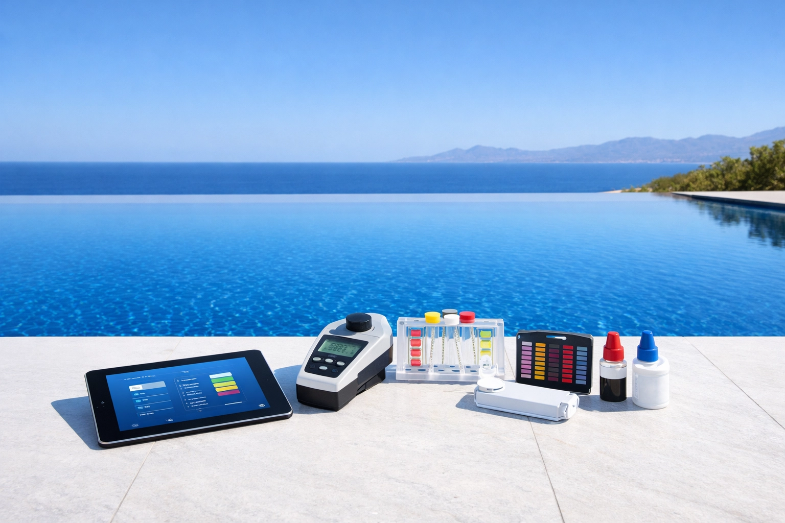 Professional pool maintenance equipment on a sun-drenched deck of a high-end, lucrative pool service route.