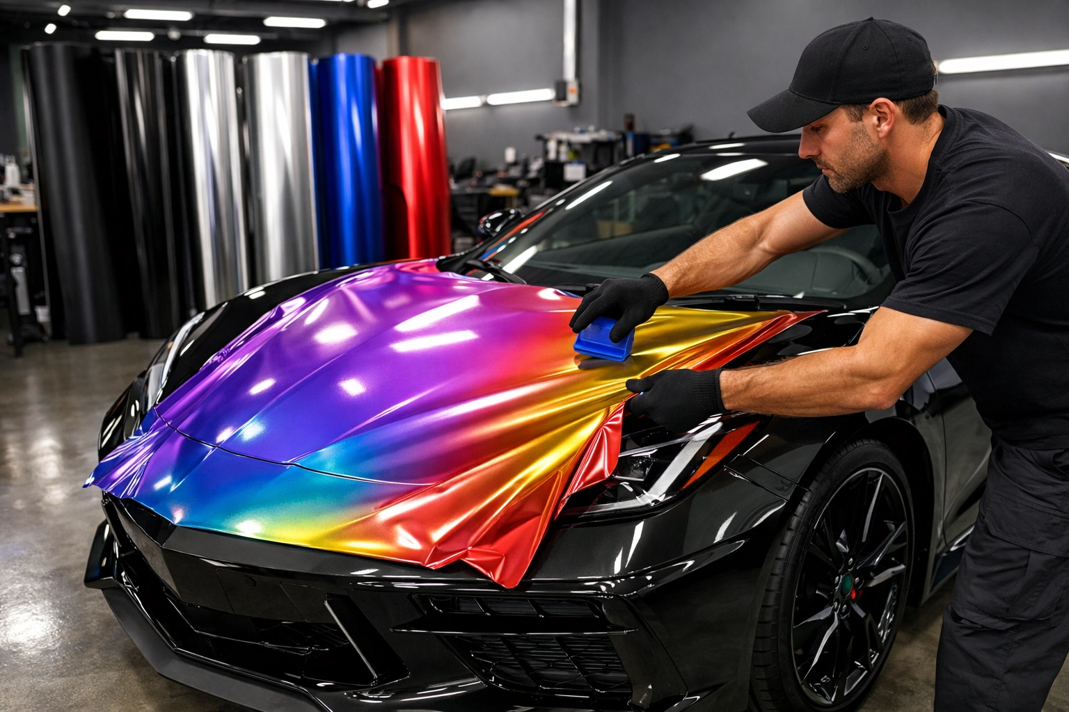 Professional automotive vinyl wrap installation in Raleigh with colorful film options