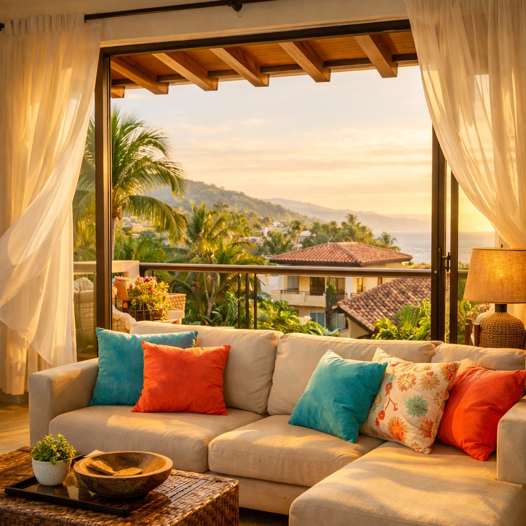 Puerto Vallarta condo with open windows and ocean breeze in naturally lit living space