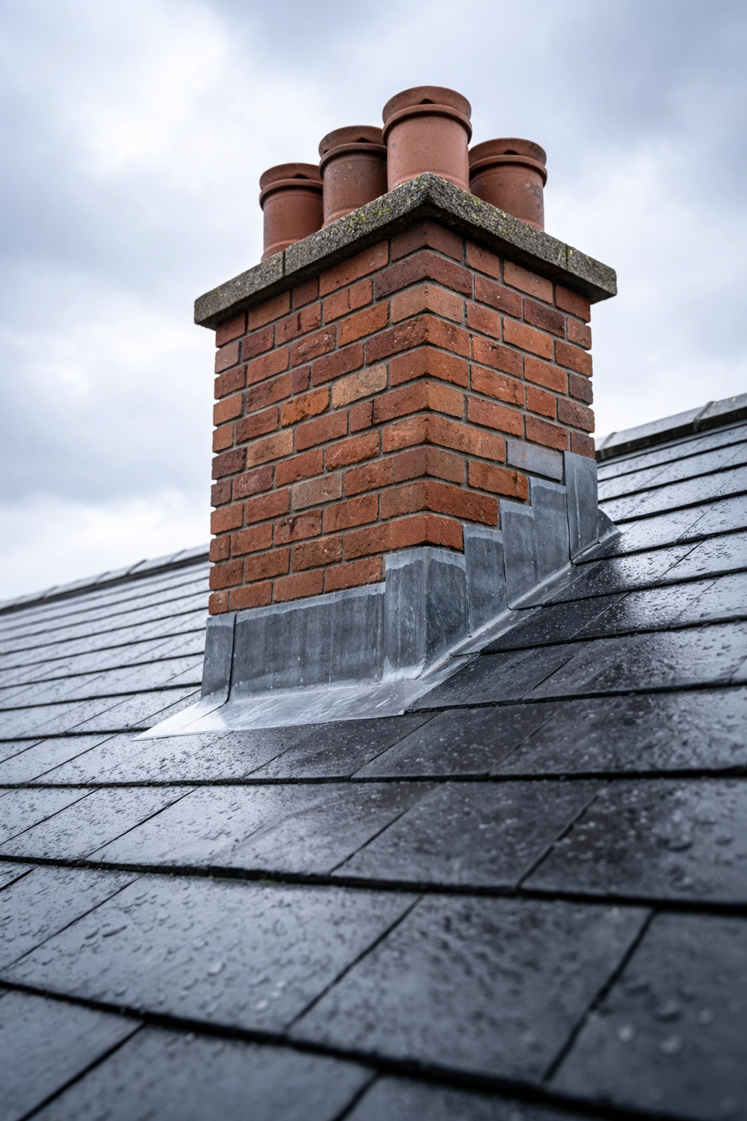 Red brick chimney stack with visible lead flashing on a slate roof, highlighting a common leak point for Northern Ireland homes.