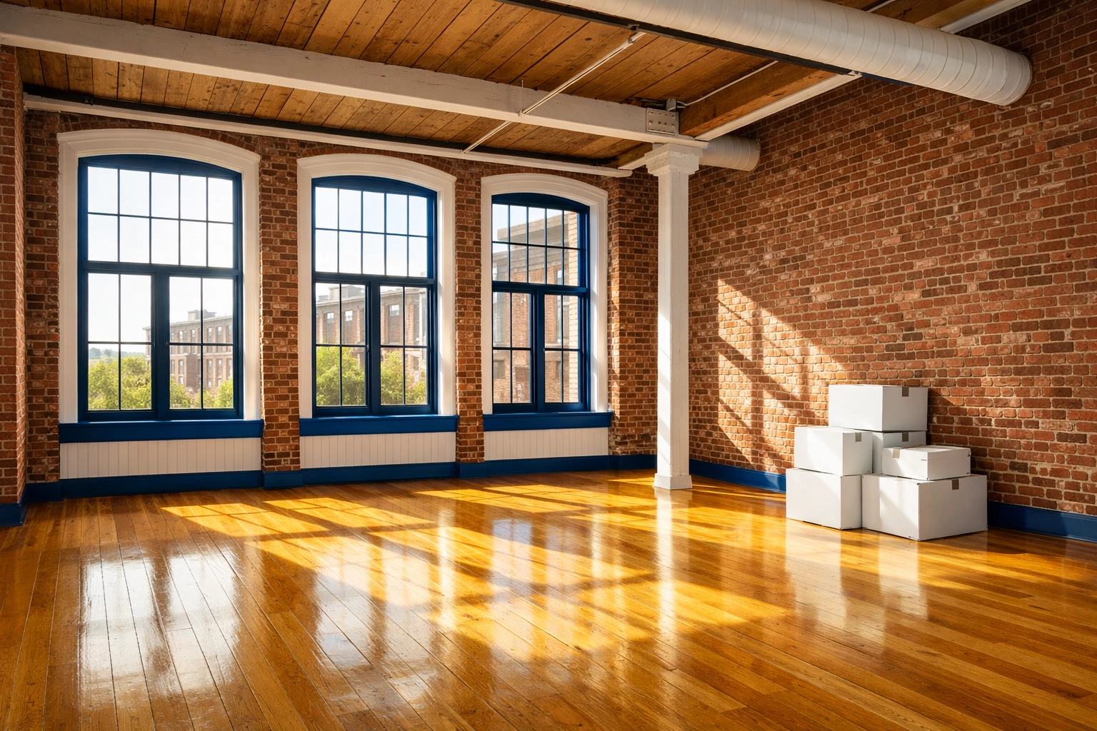 Spotless Lowell mill loft with polished hardwood floors ready for professional move-in cleaning services.