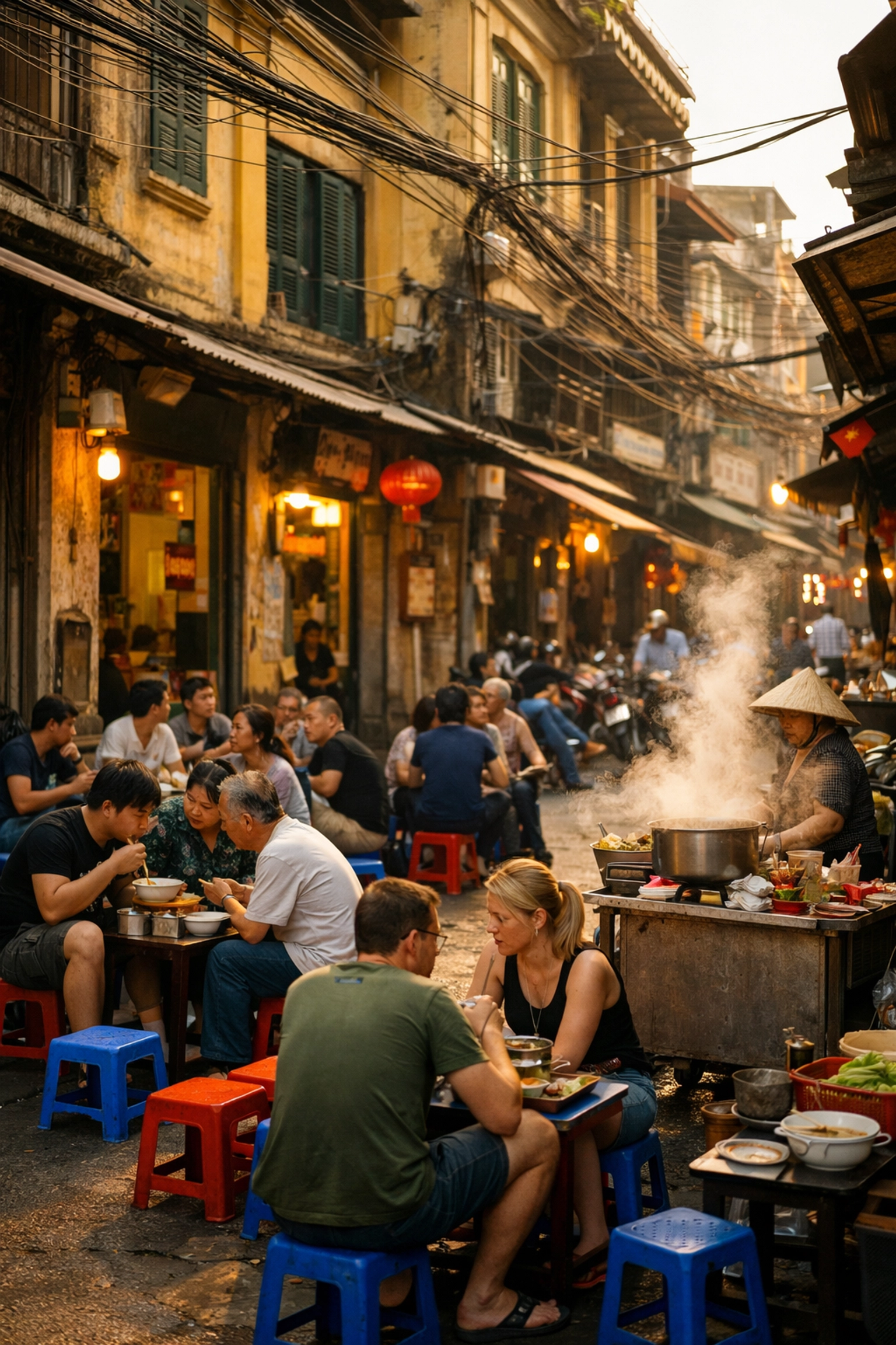 Locals and travelers eating street food on plastic stools in a narrow Hanoi Old Quarter alleyway.
