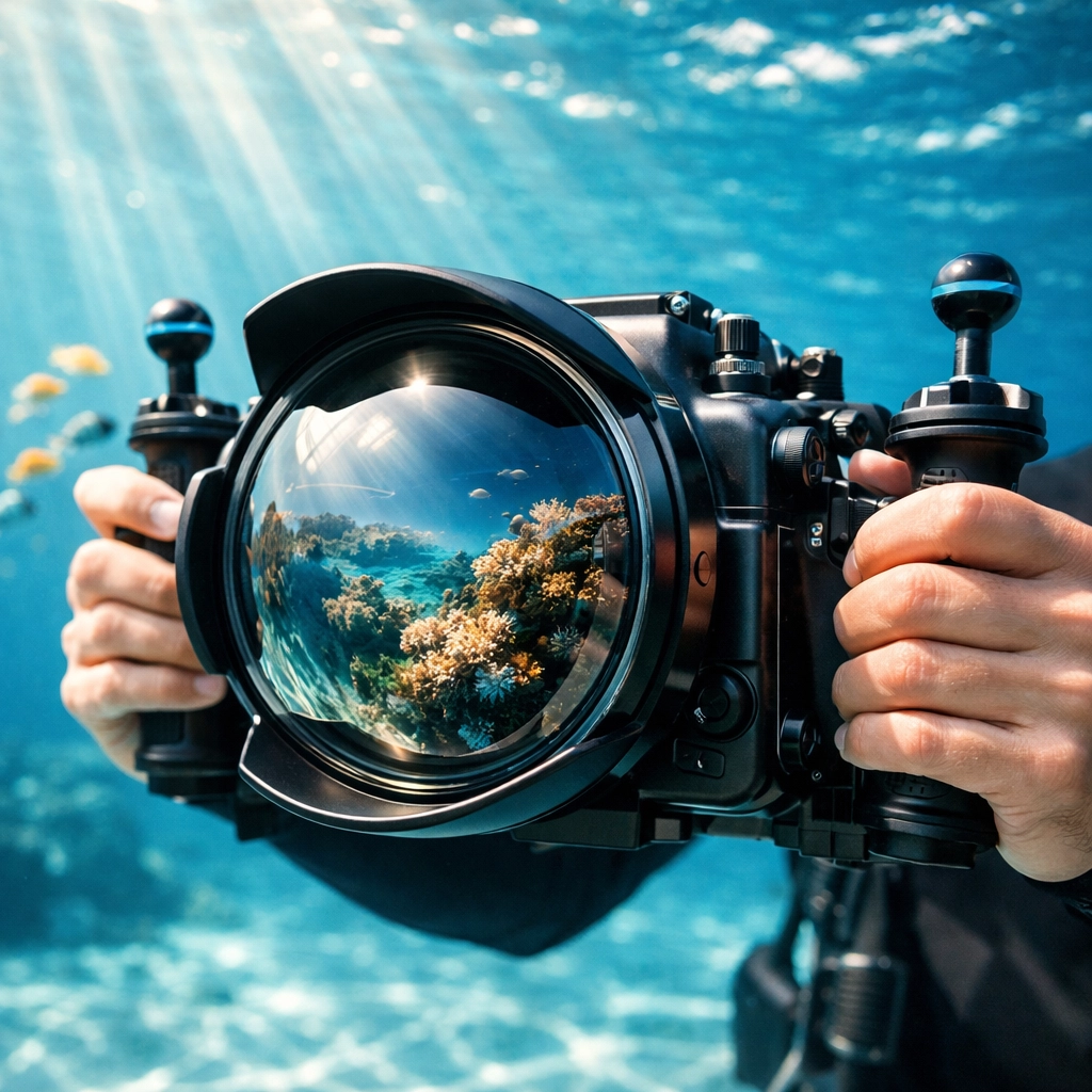 High-end underwater camera housing used for professional photography during a luxury scuba diving trip.