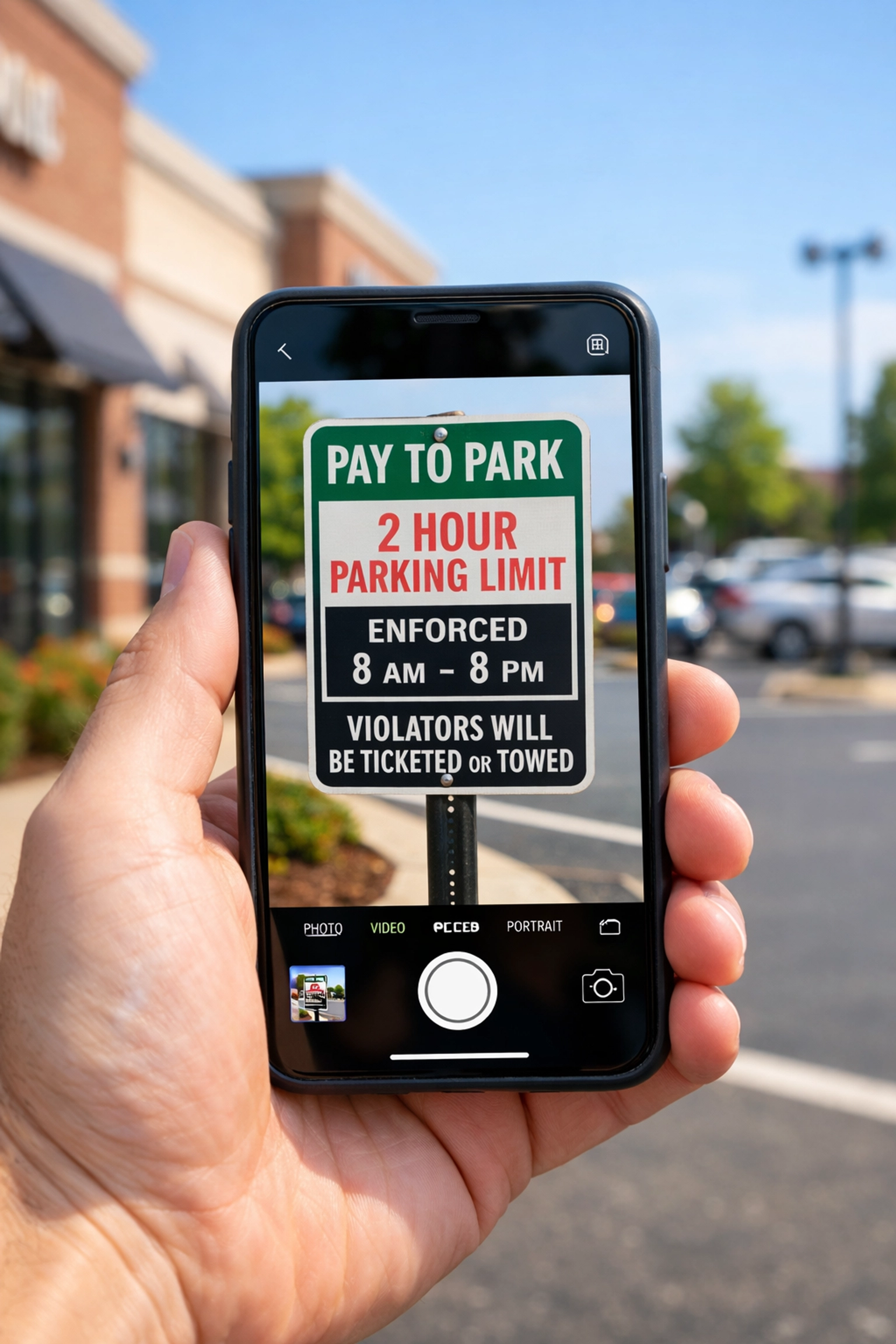 Documenting a parking sign with a smartphone to prevent unfair towing in Charlotte NC neighborhoods.