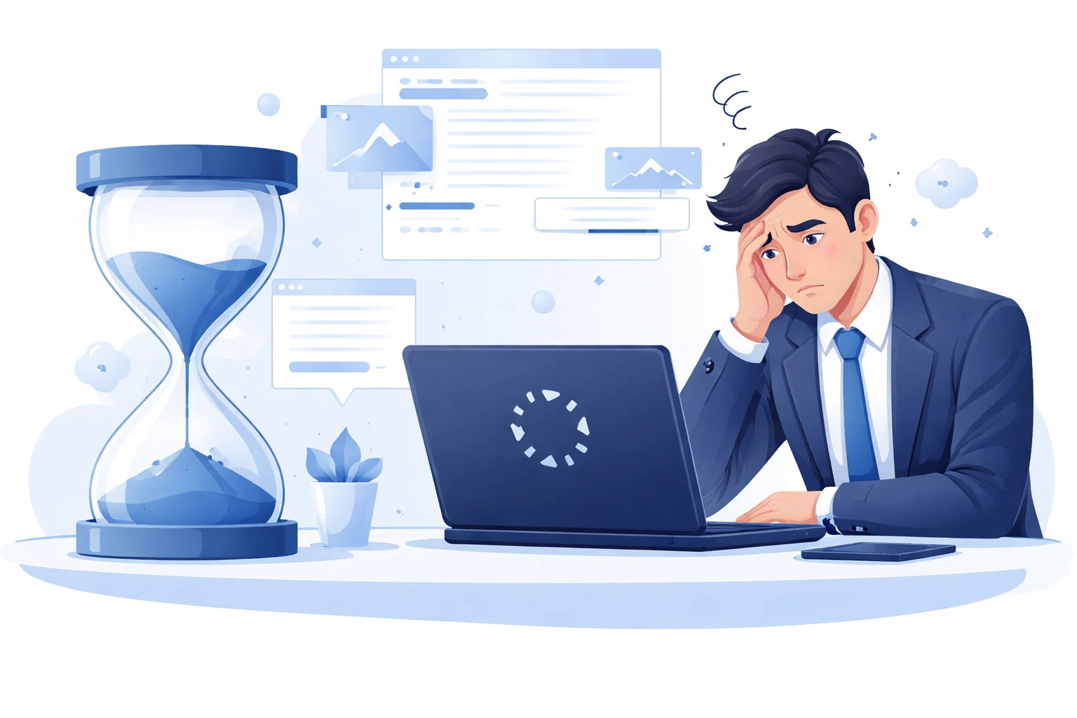 Frustrated business person watching a slow-loading website with an hourglass, representing poor page speed and its impact on Google rankings