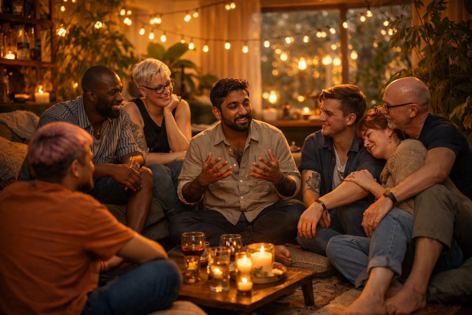A group of LGBTQ+ friends sharing stories together during a heartfelt chosen family gathering.