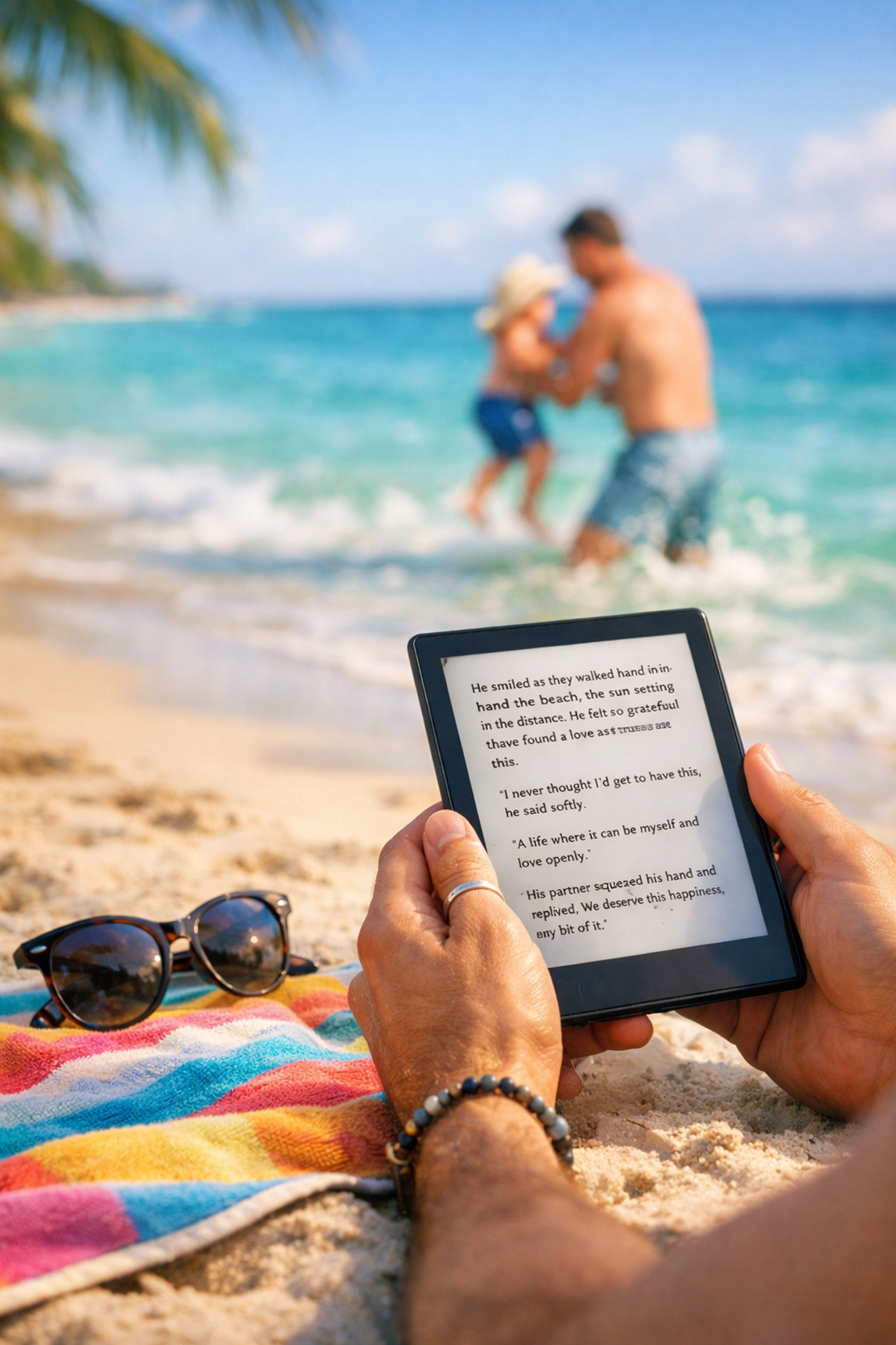 A gay man reading an LGBTQ+ ebook on a tropical beach while his partner and child play in the waves.