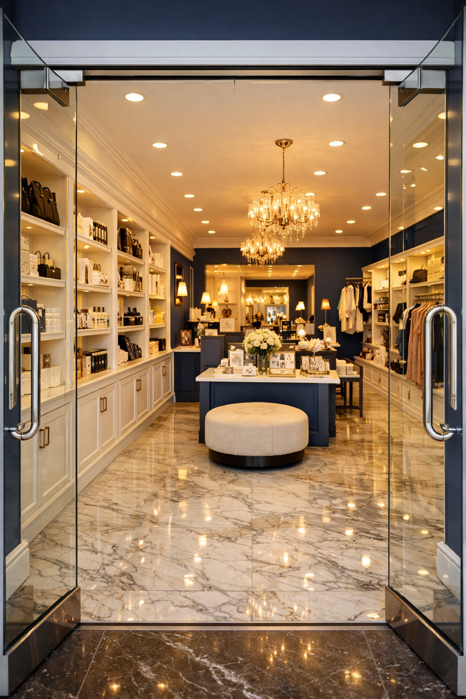 Professional commercial cleaning for an upscale Swampscott boutique with polished floors and glass.