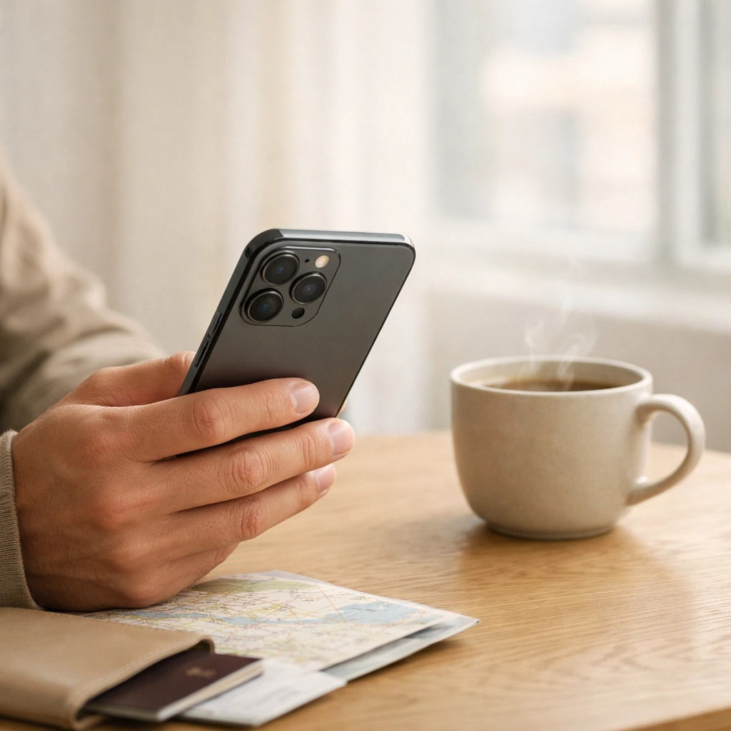 A traveler using a smartphone to book a hotel room, highlighting a frictionless mobile booking experience.