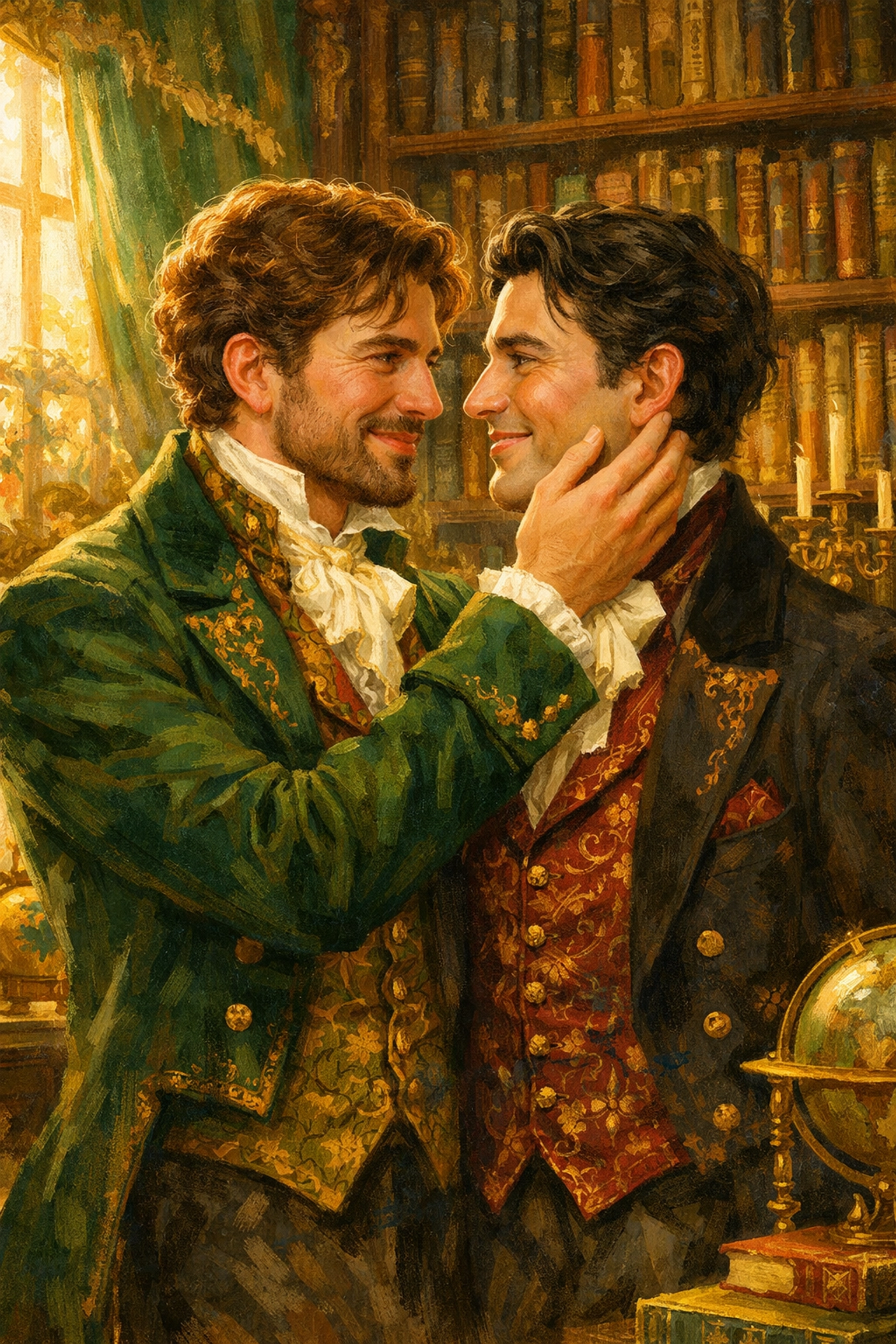 Victorian gay couple sharing an affectionate moment in a library, illustrating historical MM romance novels.