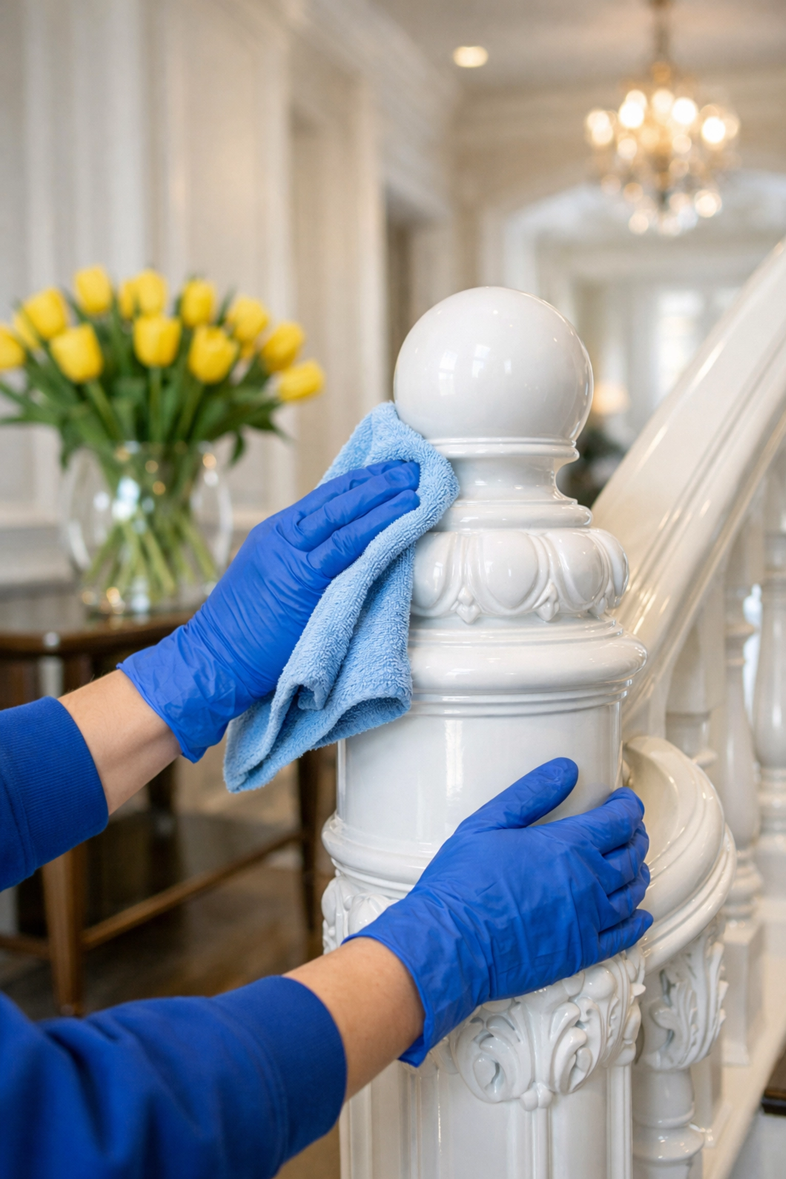 Detailed dusting of a luxury staircase banister during a professional weekly house cleaning Southborough.