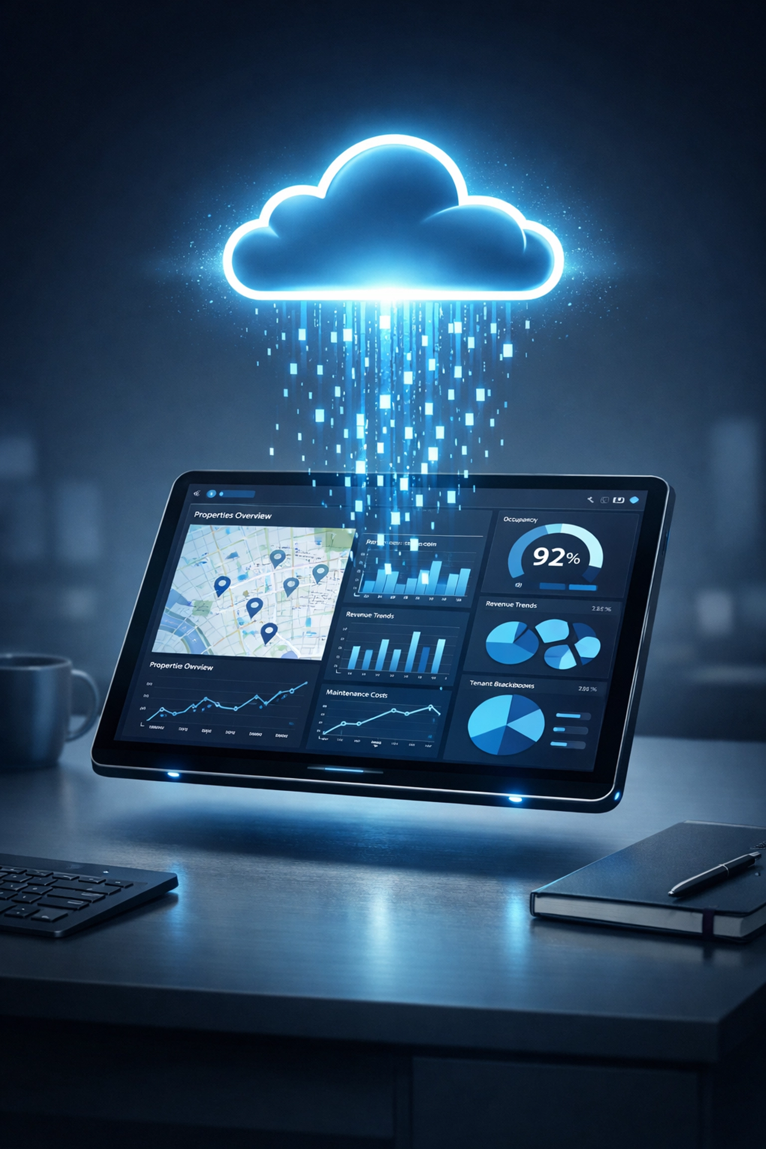 Digital property management dashboard on a tablet showing data portability and modern technology integration.