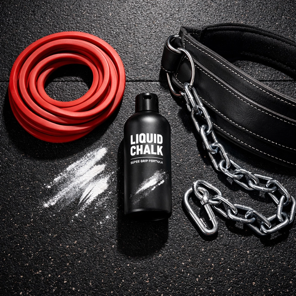 Resistance training accessories for a CrossFit home gym, featuring bands and a weighted dip belt.