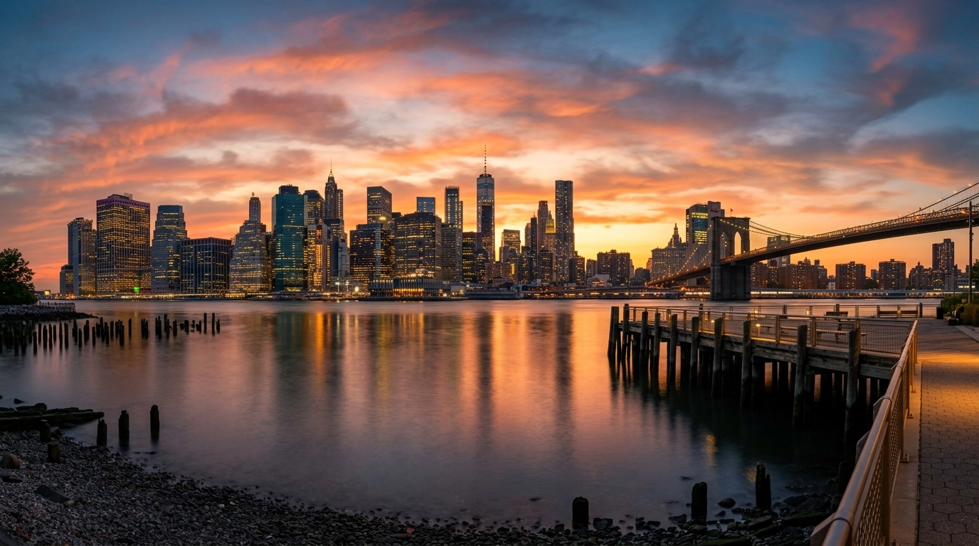 A sunset view of the Manhattan skyline from the Brooklyn waterfront, glowing with calm NYC vibes.
