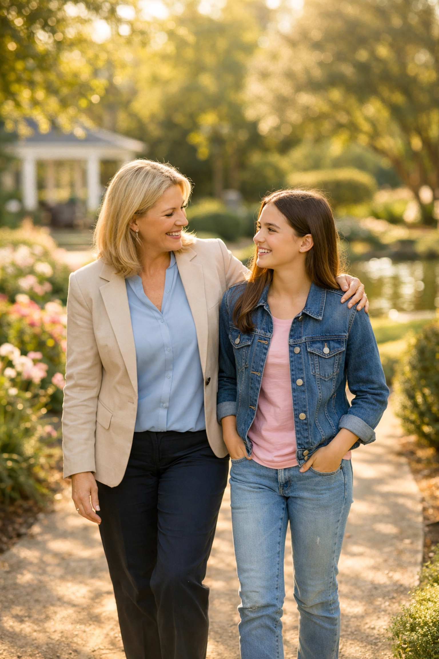 A mentor and girl walk in a garden during trauma informed residential care for teen depression.