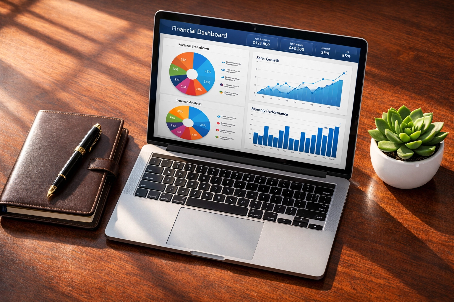 Financial dashboard on a laptop screen showing savings progress and growth for a career sabbatical.