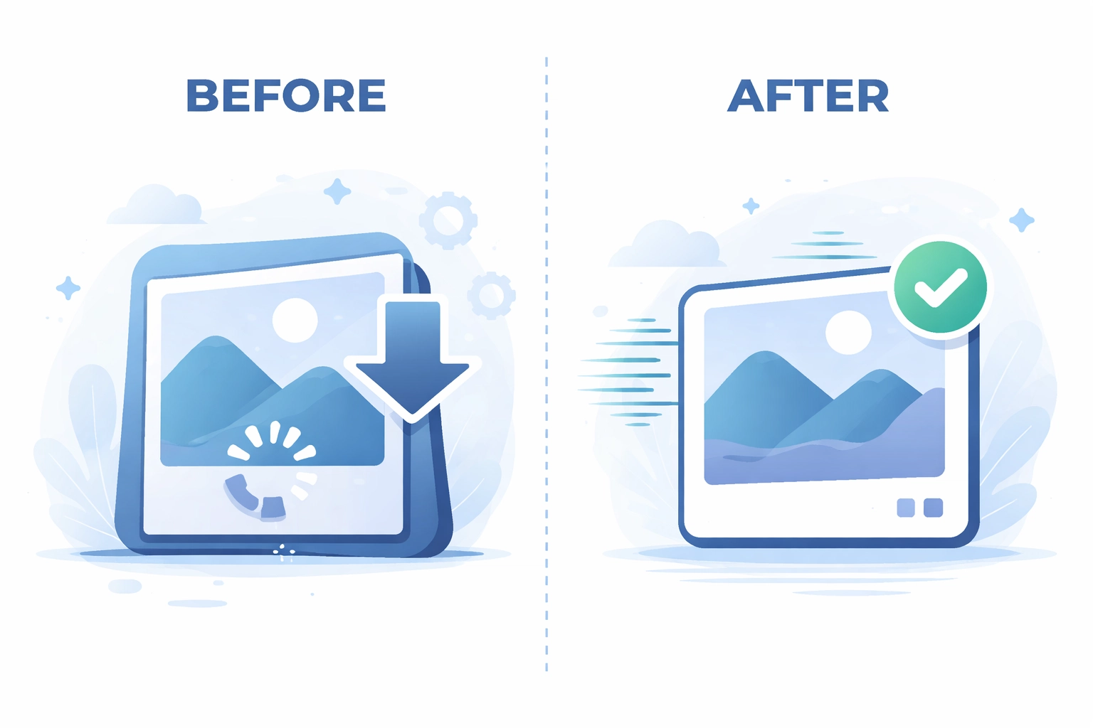 Illustration showing faster page load with image optimization for enhanced website SEO
