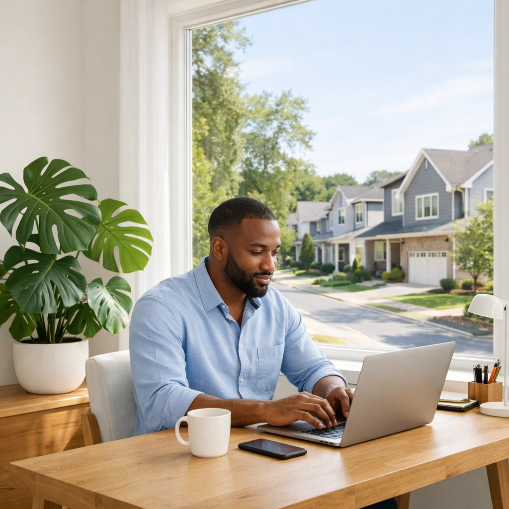 Professional Black man working in a bright home office overlooking a quiet Raleigh suburb.