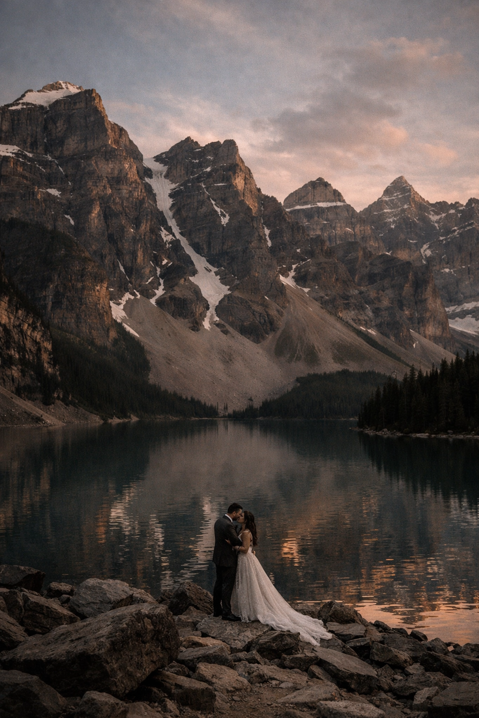 Couple in wedding attire at Moraine Lake during Banff elopement with mountain peaks at sunset