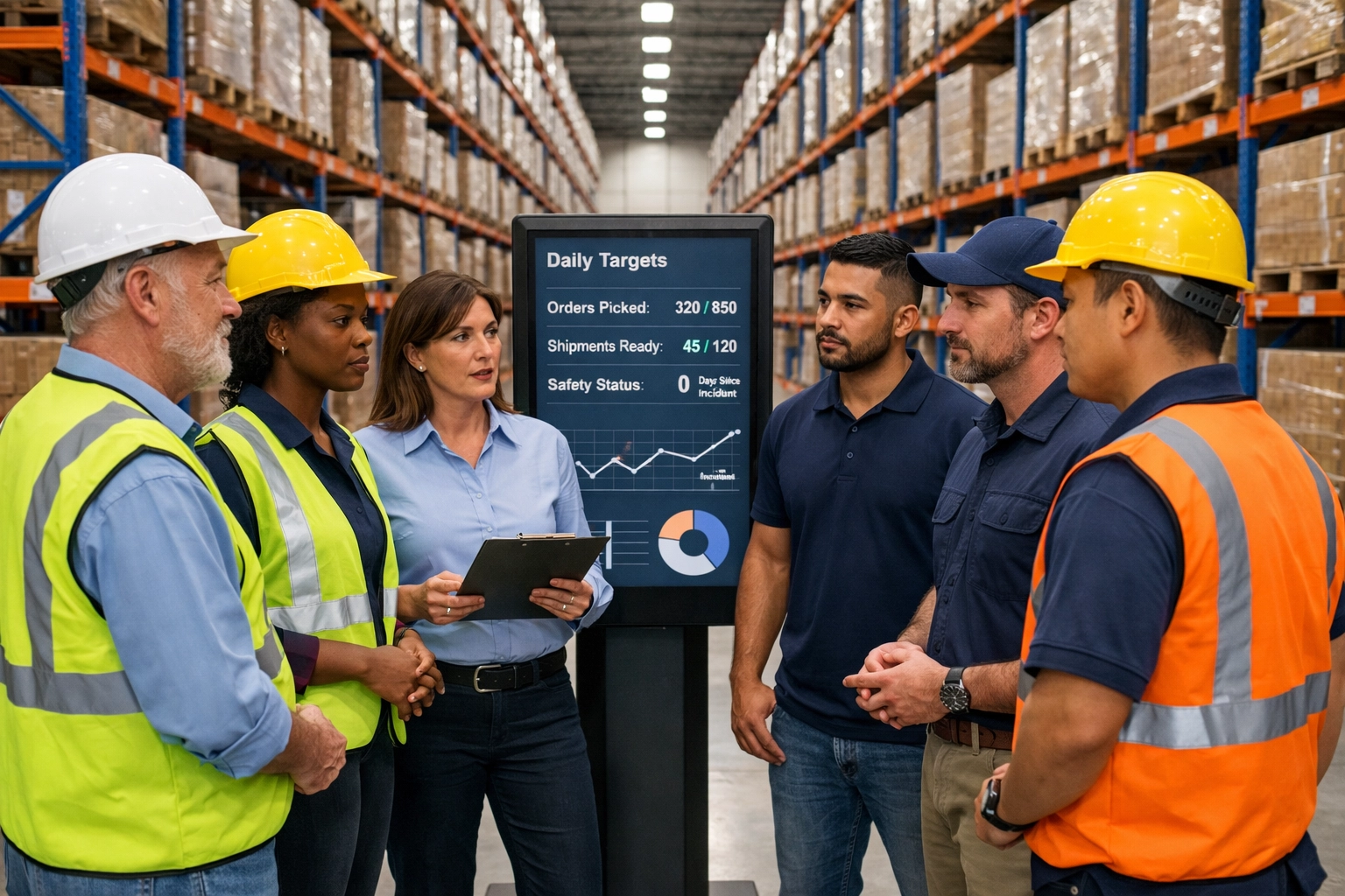 Warehouse supervisors and staff holding a morning huddle to ensure operational excellence and efficiency.