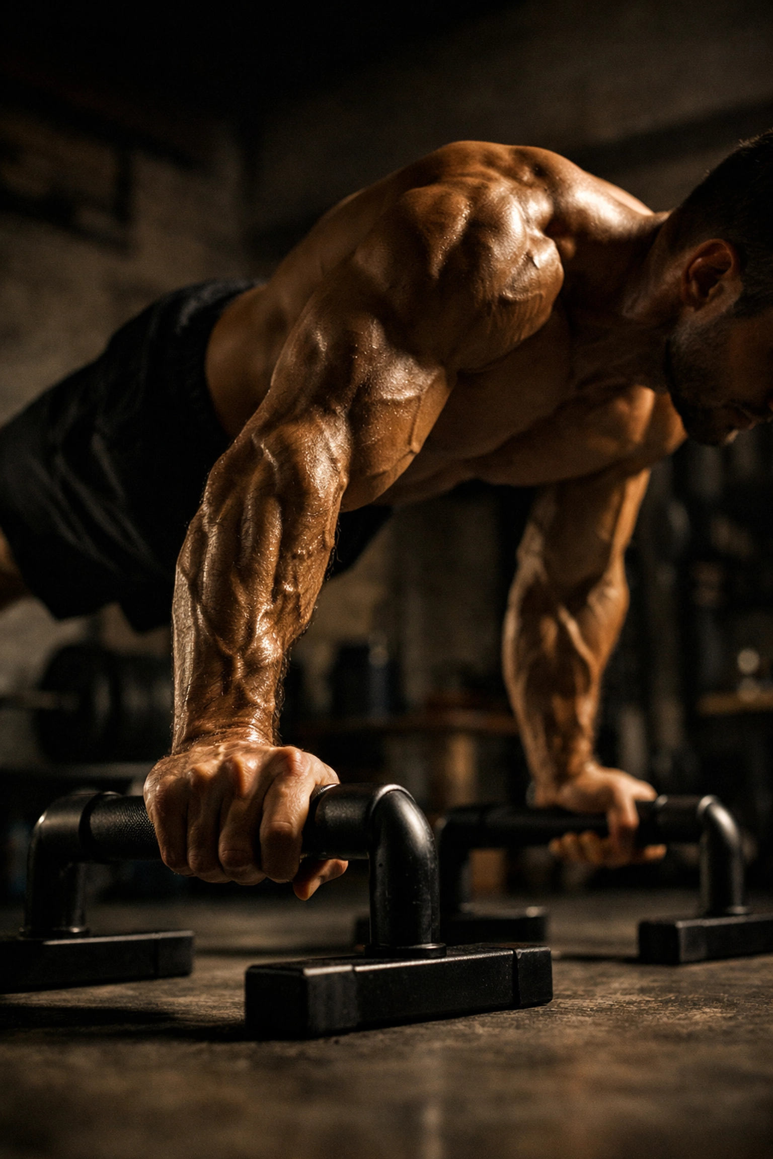 Close-up of a calisthenics athlete performing a full planche on parallettes in a home workout space.