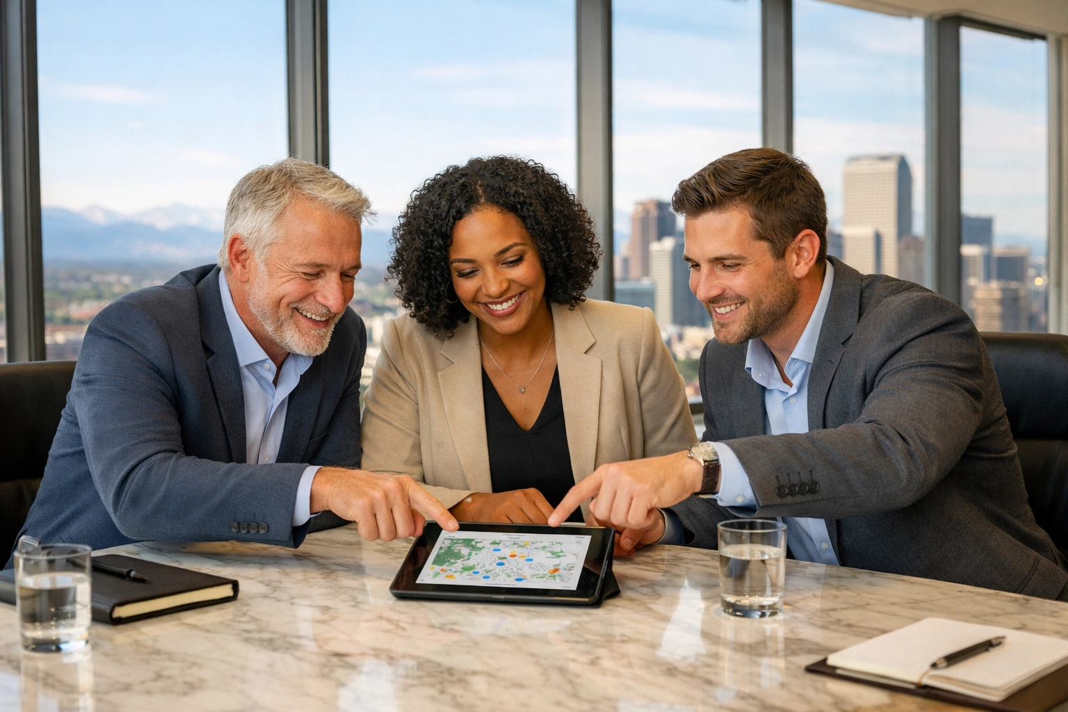 Executives collaborating on strategic growth and partnership opportunities at the Dakdan Worldwide office.