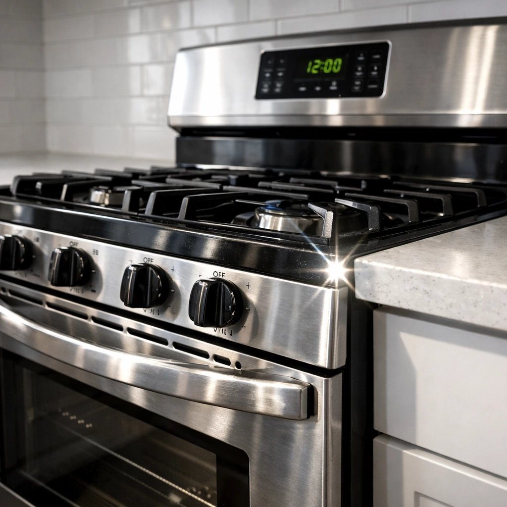 Deep clean kitchen move out service with sparkling stainless steel oven and white quartz countertops.