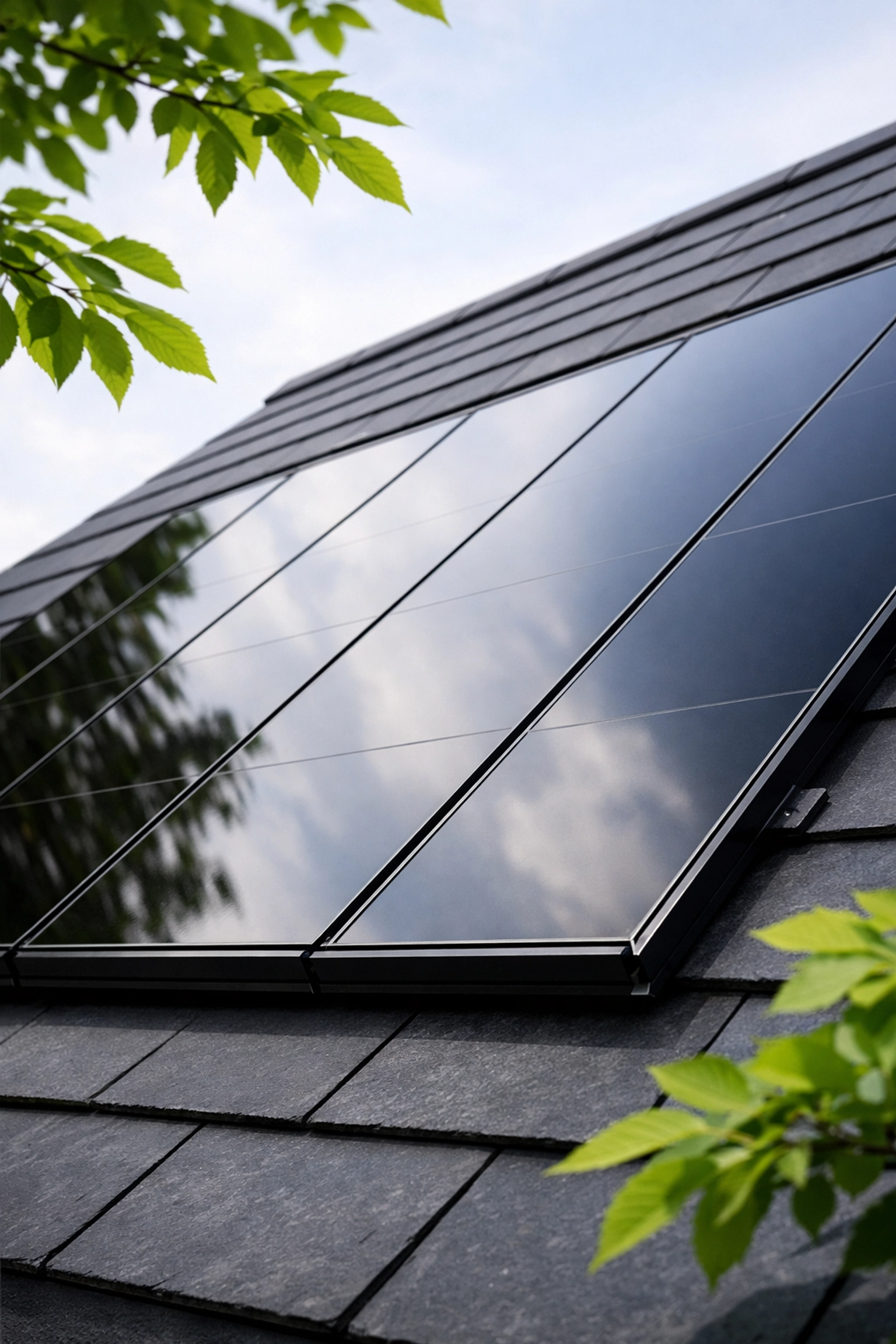 Premium all-black solar panels installed on a slate roof by renewable energy installers in Poole.