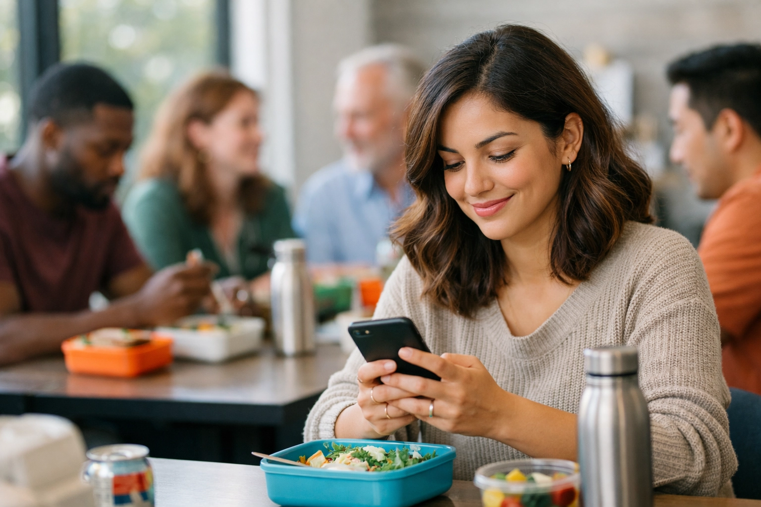 People enjoying lunch break while checking news updates on their phones in a bright office setting