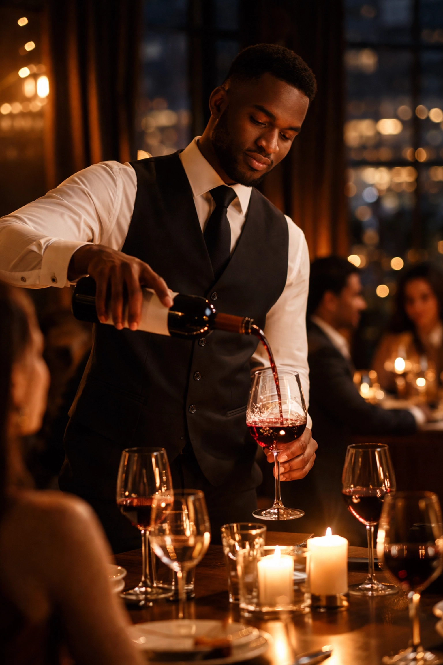 Professional server pours wine for guests at a luxury event, showcasing seamless, attentive hospitality service.