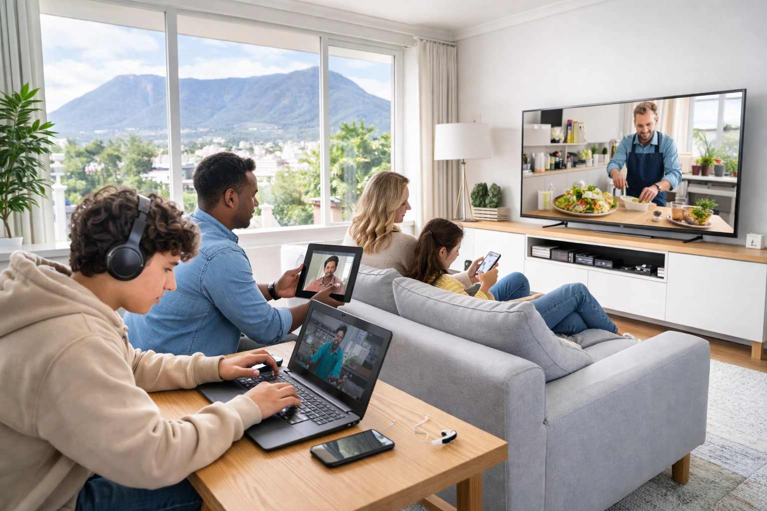 Cape Town family using multiple devices in a modern living room, illustrating high-speed Wi-Fi needs.
