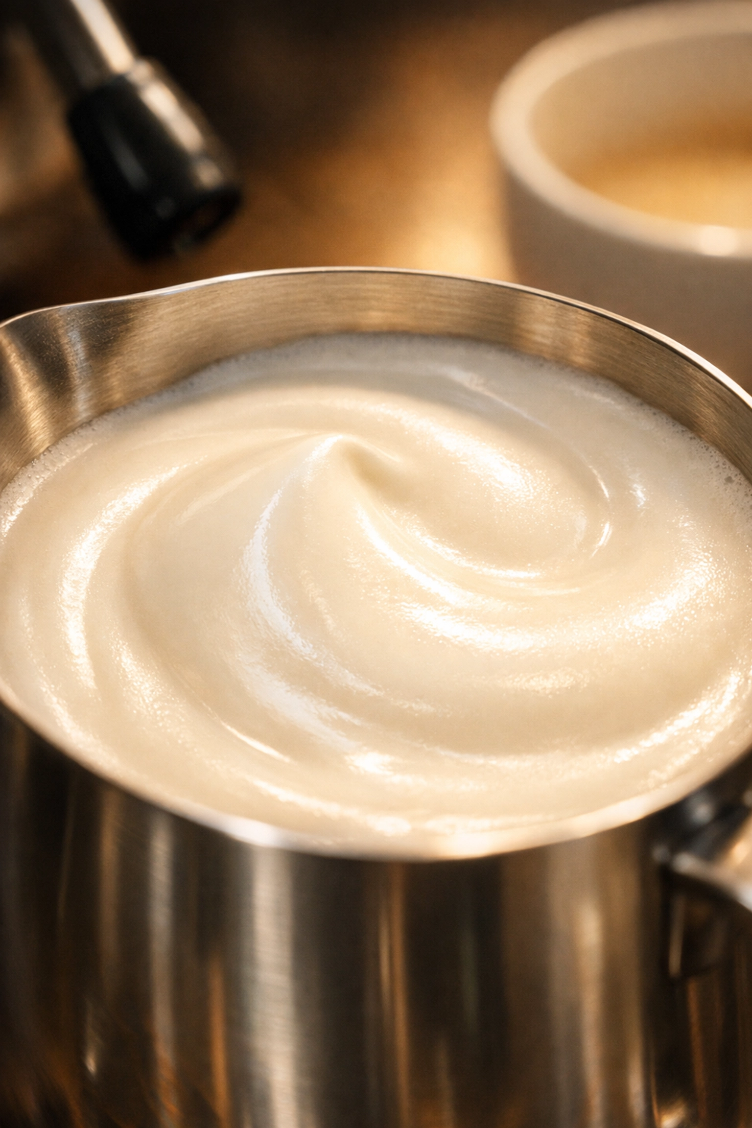 Silky, glossy micro-foam inside a milk pitcher for professional latte art and consistent drink quality.