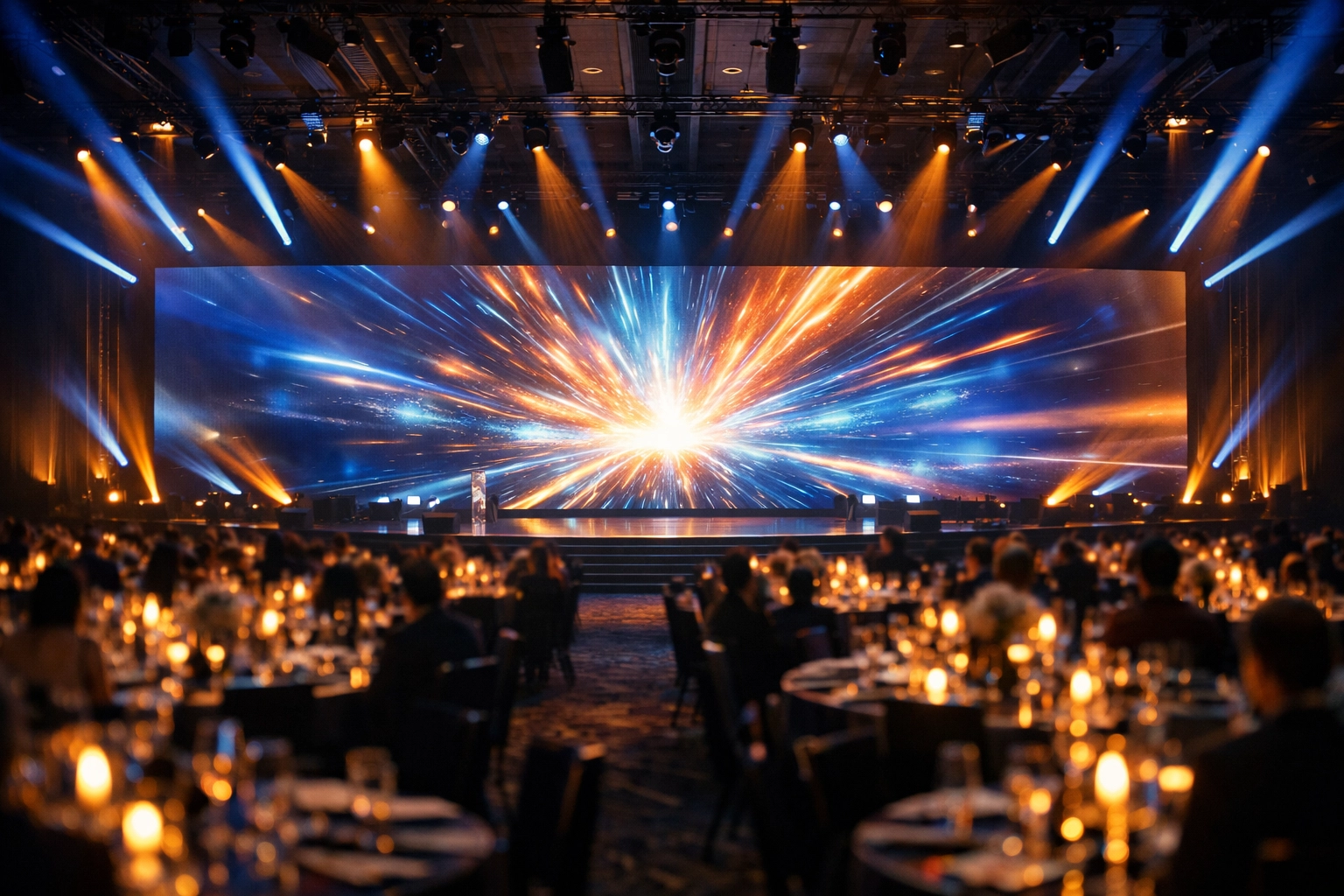 Professional event production in a Sydney ballroom featuring a curved LED wall and immersive stage lighting.