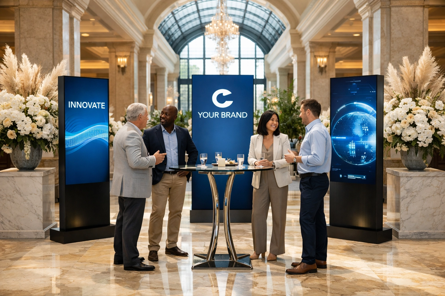 Executives networking at a high-end luxury hotel corporate activation during the Super Bowl.