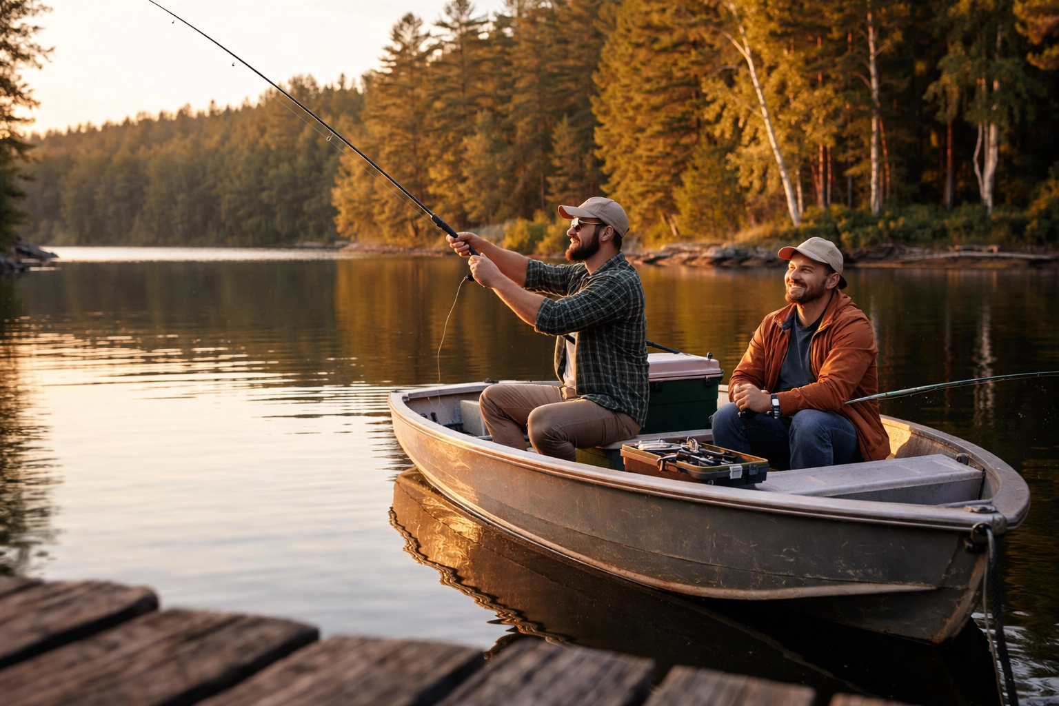 Two friends fishing from a boat on Skootamatta Lake in Ontario, surrounded by pine trees at golden hour