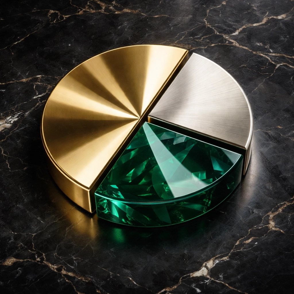 Luxurious pie chart illustrating 40/30/30 portfolio allocation with equities, bonds, and alternatives